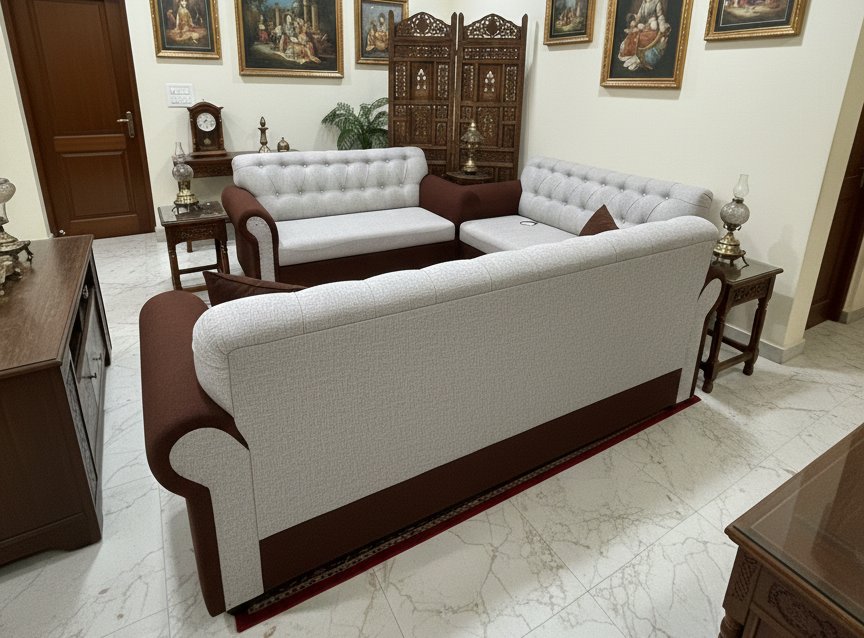 Premium L-Shaped Tufted Fabric & Leatherette Sofa Set (Brown & Grey) - Image 2